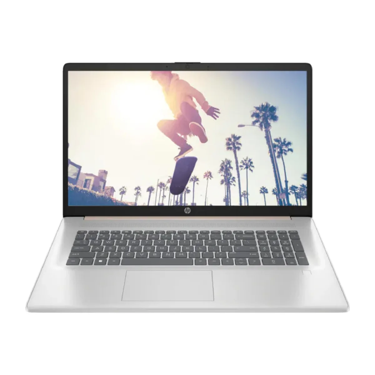 Silver 17.3-inch HP laptop, closed clamshell, smooth matte finish, HP logo centred on lid