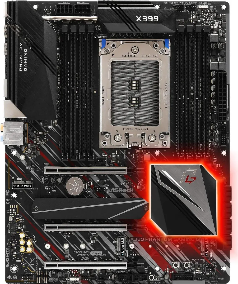 ATX motherboard in dark grey and black with eight DDR4 slots and three PCIe x16 slots