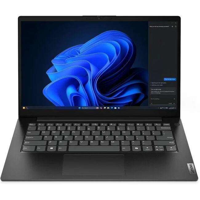 Black 14-inch Lenovo V14 G5 IRL laptop with matte non-touch display and webcam