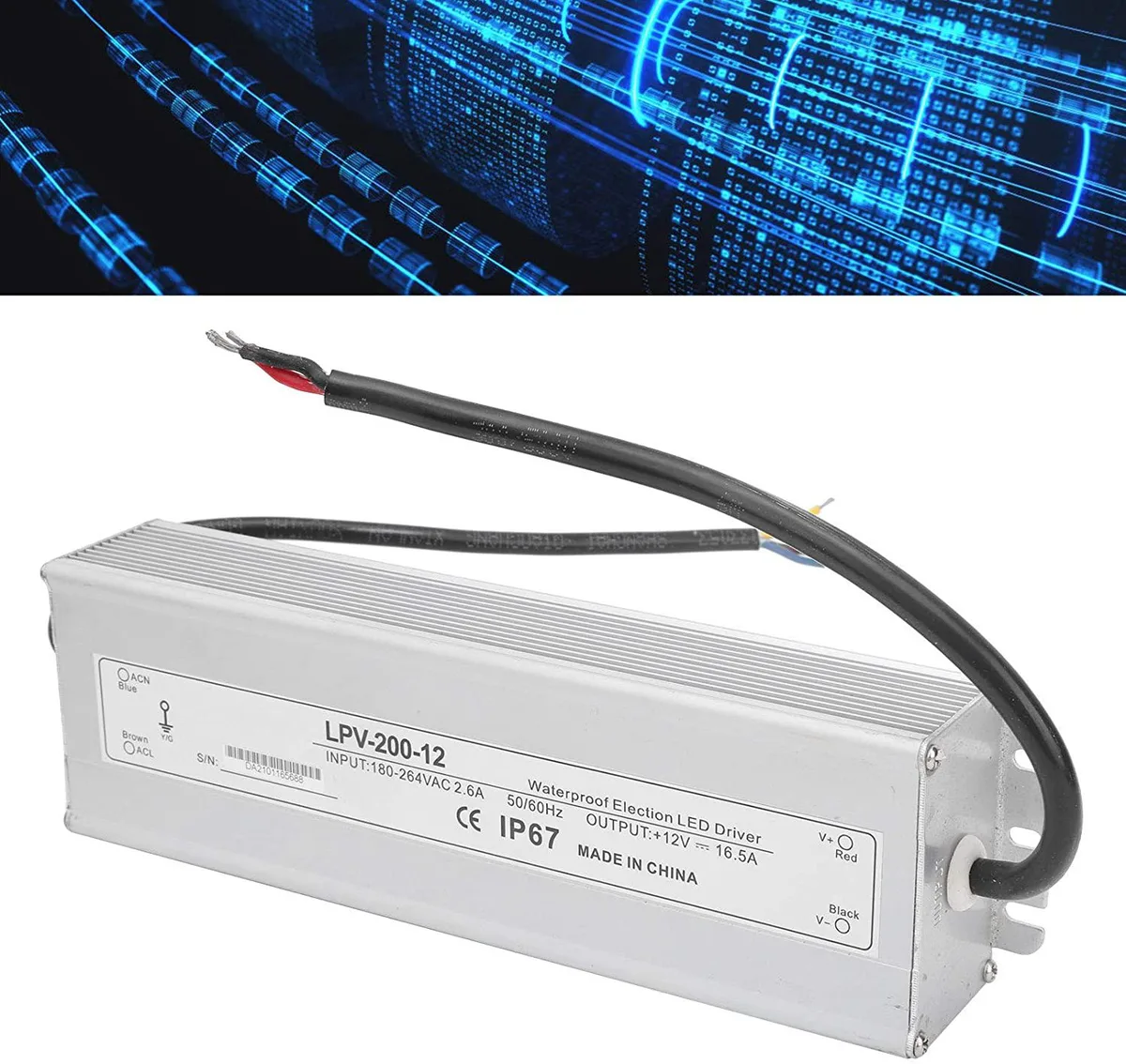 Rectangular aluminium power supply, IP67 rated, 245 by 69 by 43 mm