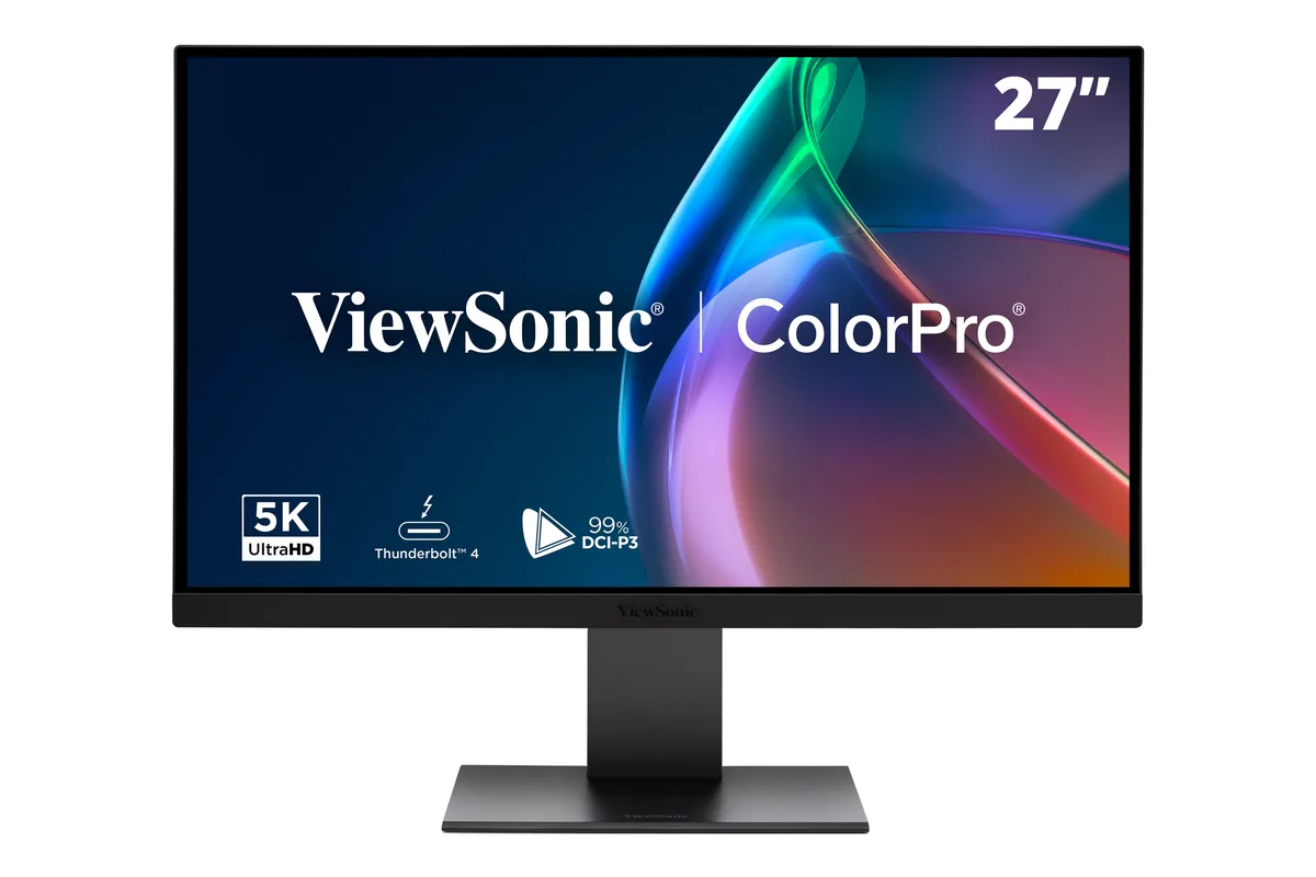ViewSonic VP2788-5K 27 inch 5K monitor in grey finish with thin bezels and ergonomic stand