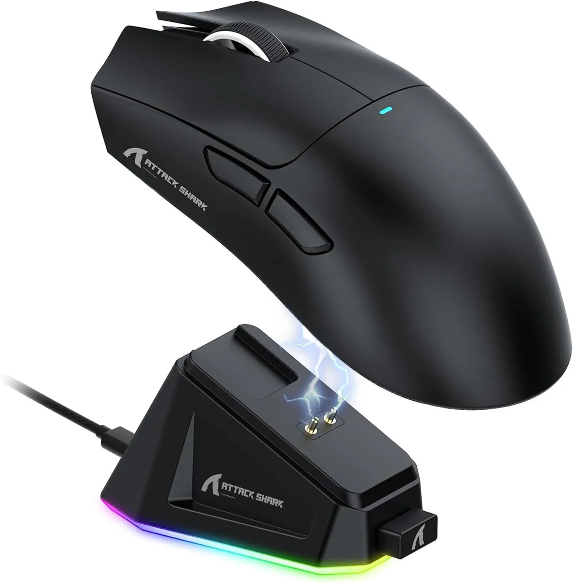 Lightweight black gaming mouse with magnetic charging dock