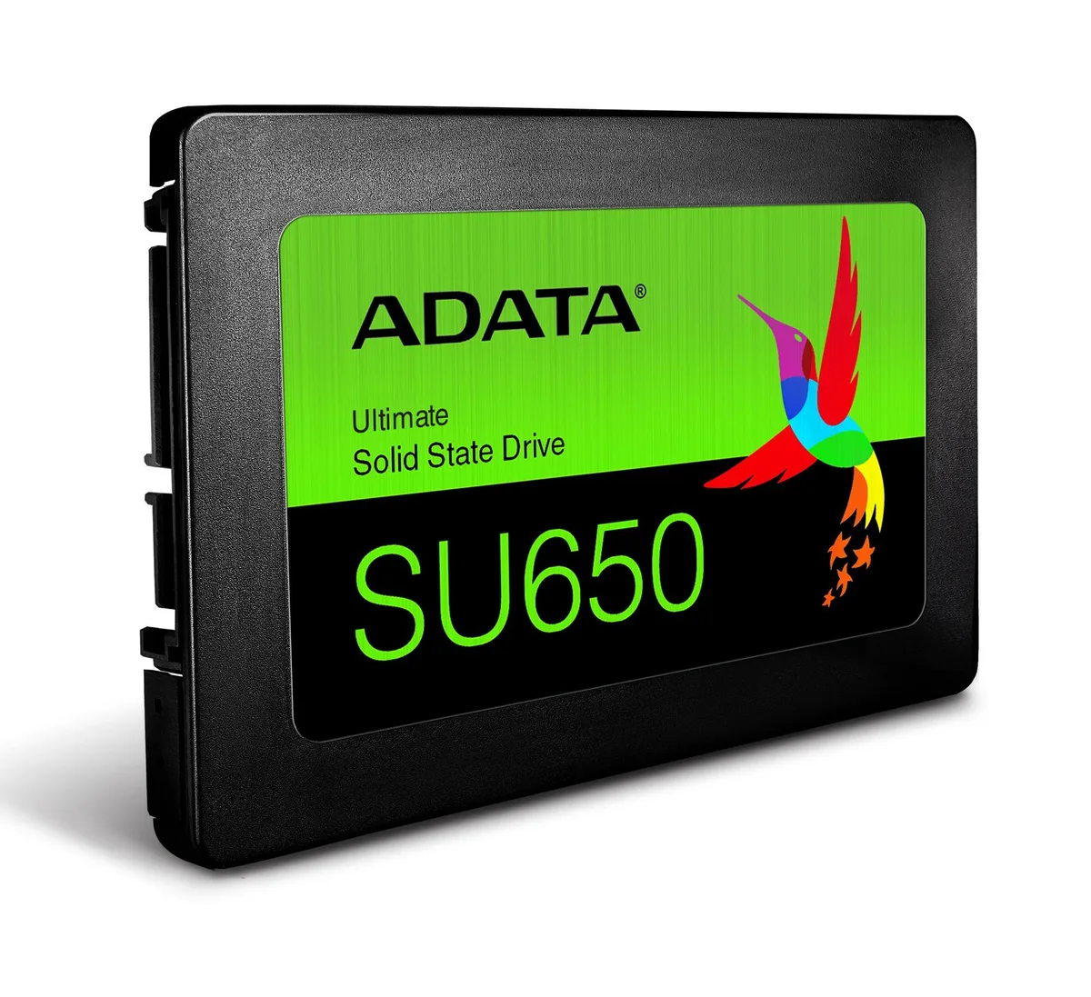 A black rectangular 2.5-inch SATA SSD with gold connectors visible