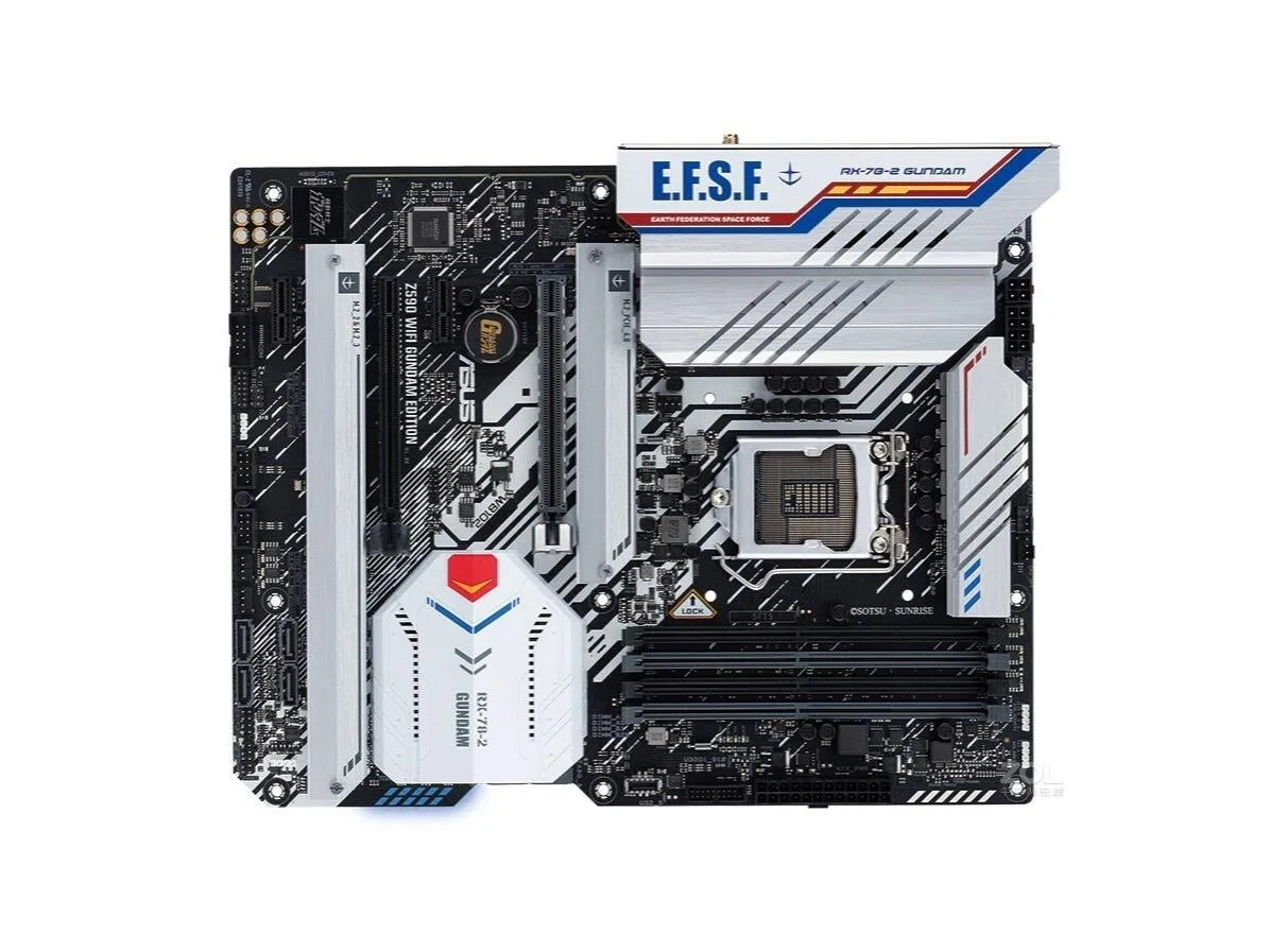 White and blue ATX motherboard with Gundam themed heatsinks and I/O shield