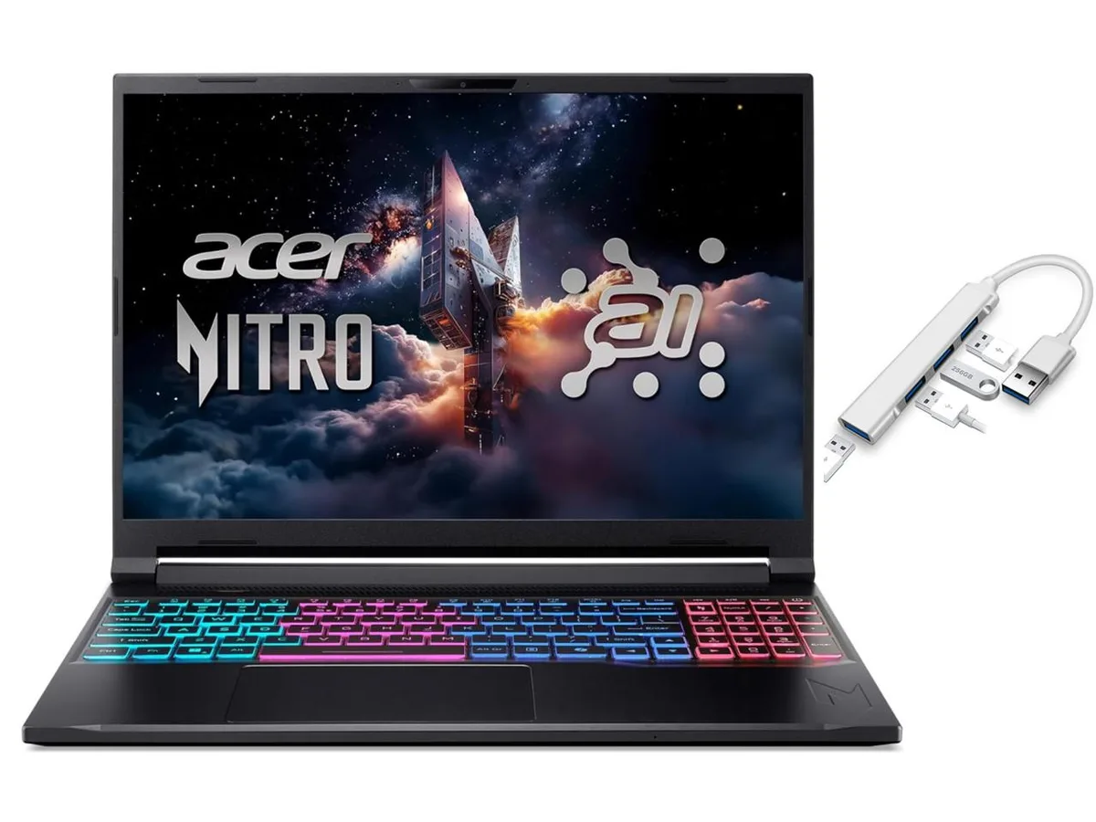 Black 16 inch gaming laptop with backlit keyboard