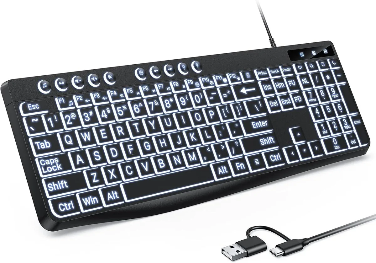 White full-size keyboard with oversized key legends and dual USB connectors