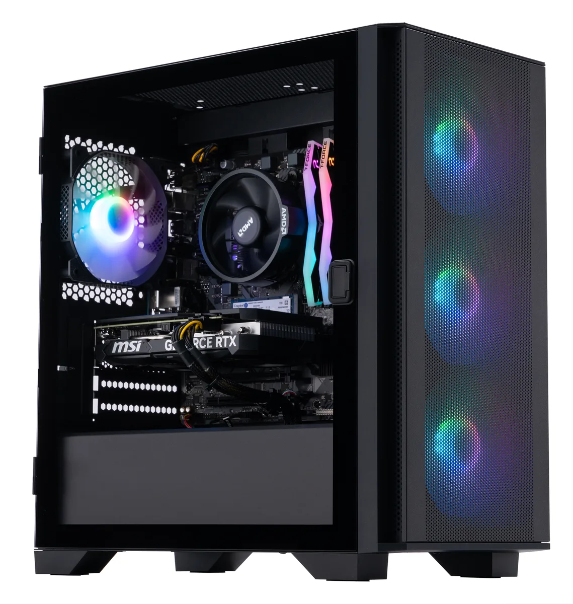 Black micro tower desktop PC with RGB memory visible inside