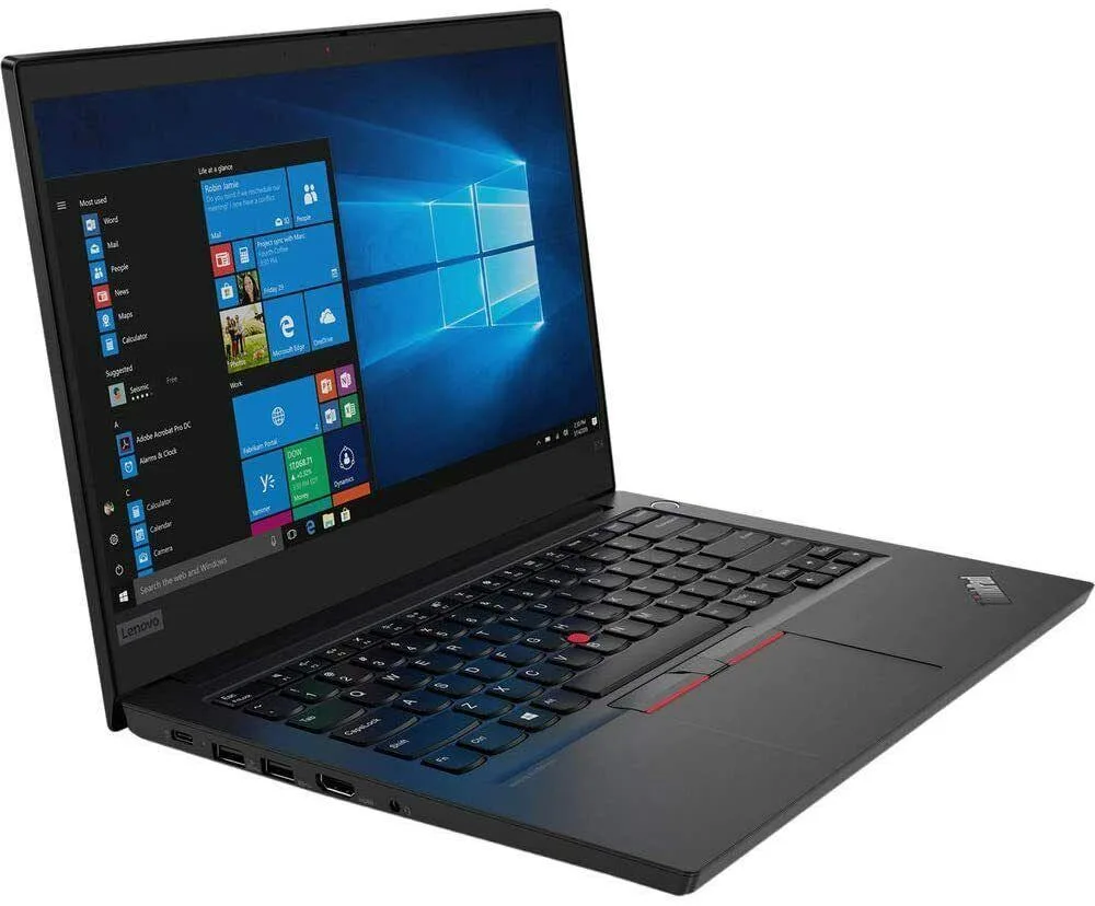 Black 14-inch laptop, thin matte chassis, non-touch screen, backlit keyboard, IR webcam above display
