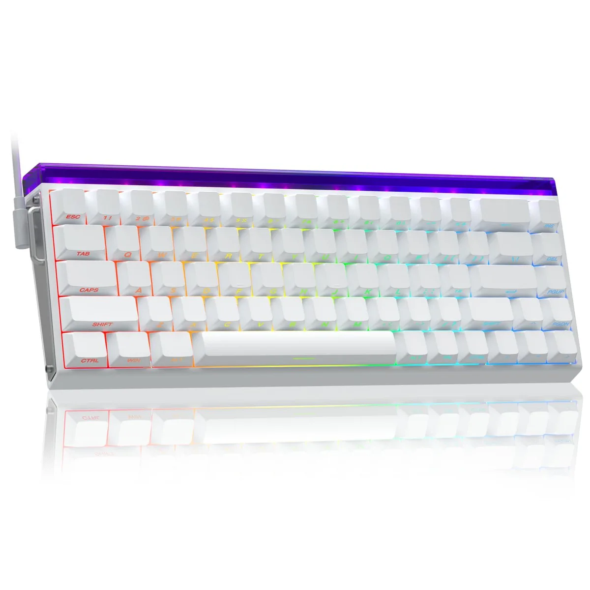 White compact 68-key wired keyboard with side-printed PBT keycaps and RGB lighting