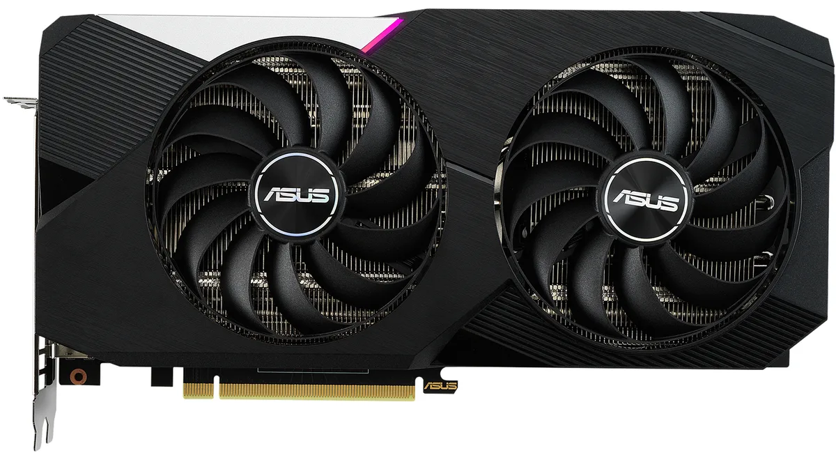 Black dual-fan graphics card with silver backplate and PCIe bracket showing HDMI and DisplayPort outputs