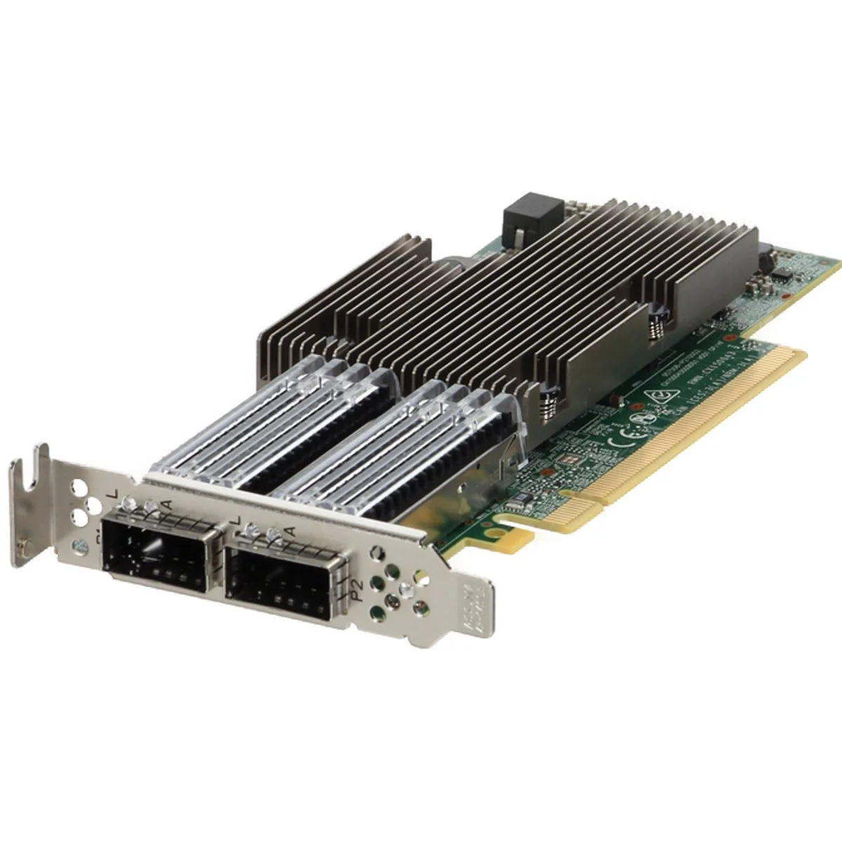 Green low-profile network card with two QSFP56 ports and metal bracket