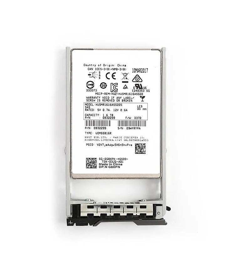 Silver rectangular 2.5 inch enterprise SSD with label showing HGST Ultrastar SSD1600MR 1.6TB SAS 12Gb/s
