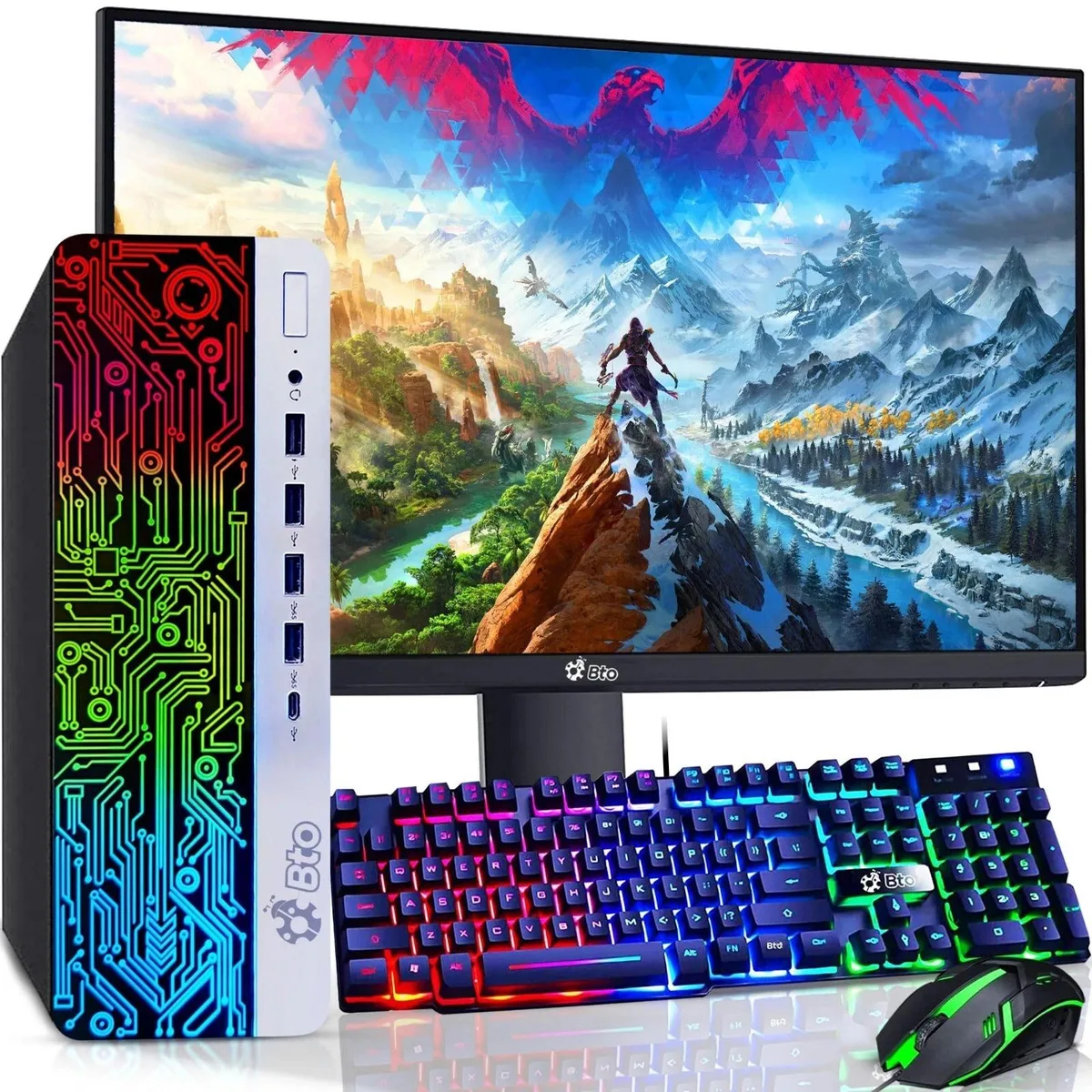 Small black HP desktop tower with RGB keyboard mouse and 24 inch monitor