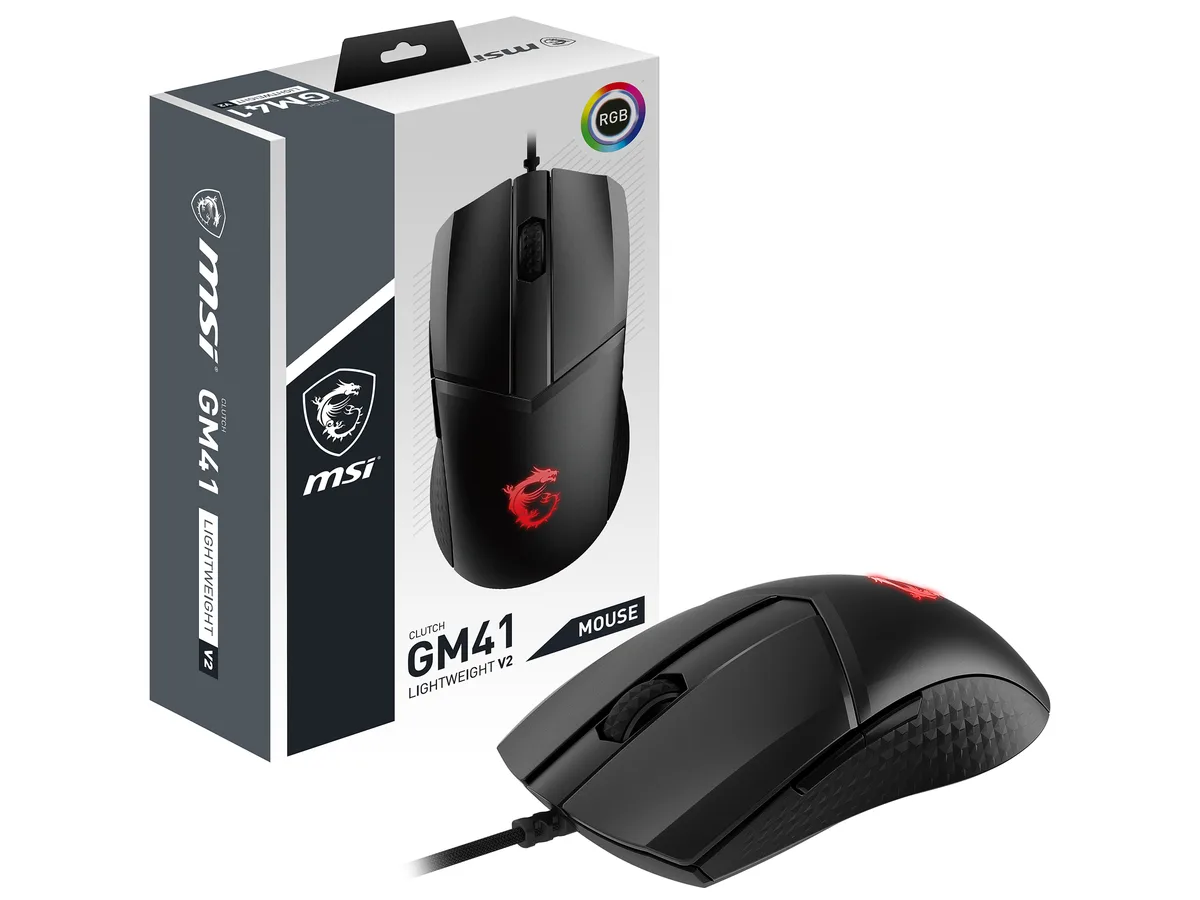 Black wired gaming mouse, lightweight shell with diamond-pattern grips, six buttons and RGB lighting
