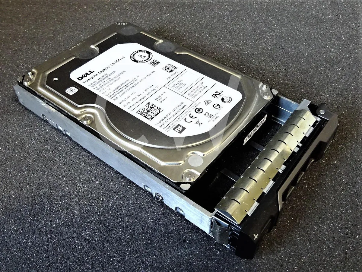 Silver 3.5 inch hard drive with black Dell caddy tray attached