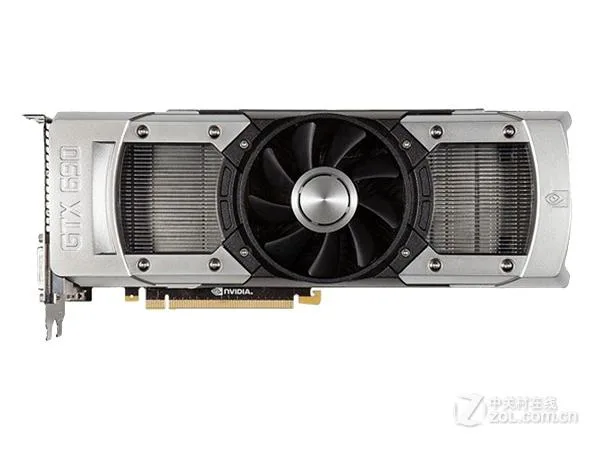 Dual-GPU graphics card in silver metal shroud with two 8-pin power connectors