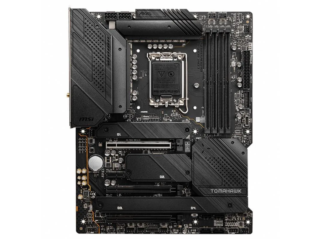 Rectangular ATX motherboard in black and silver with silver heatsinks and I/O shield