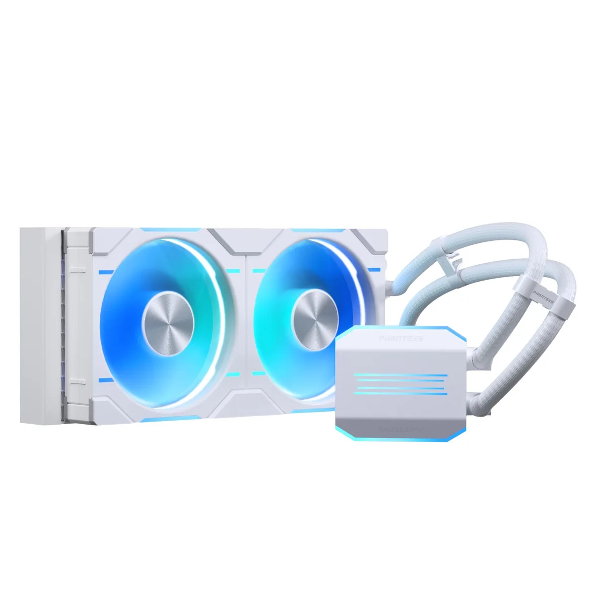 White 240 mm radiator with two 120 mm fans and matching pump block, braided tubes