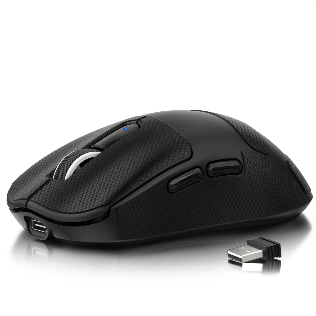 Black ultra-lightweight gaming mouse with adjustable grip and 16 programmable buttons