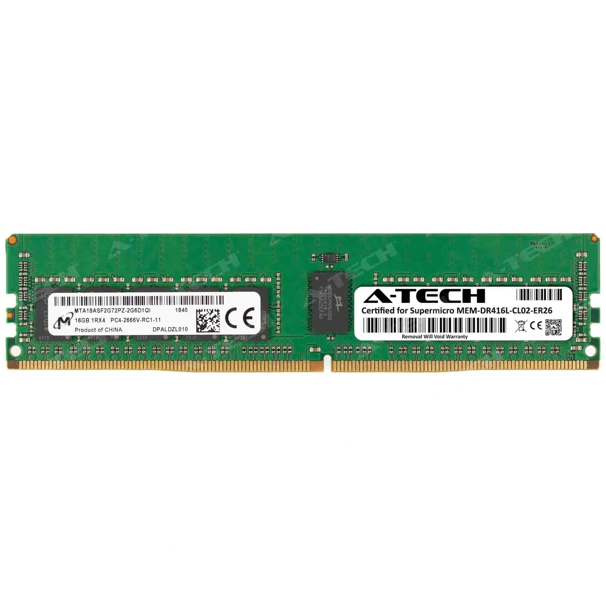 Green rectangular DDR4 RDIMM module with black memory chips and gold edge connectors