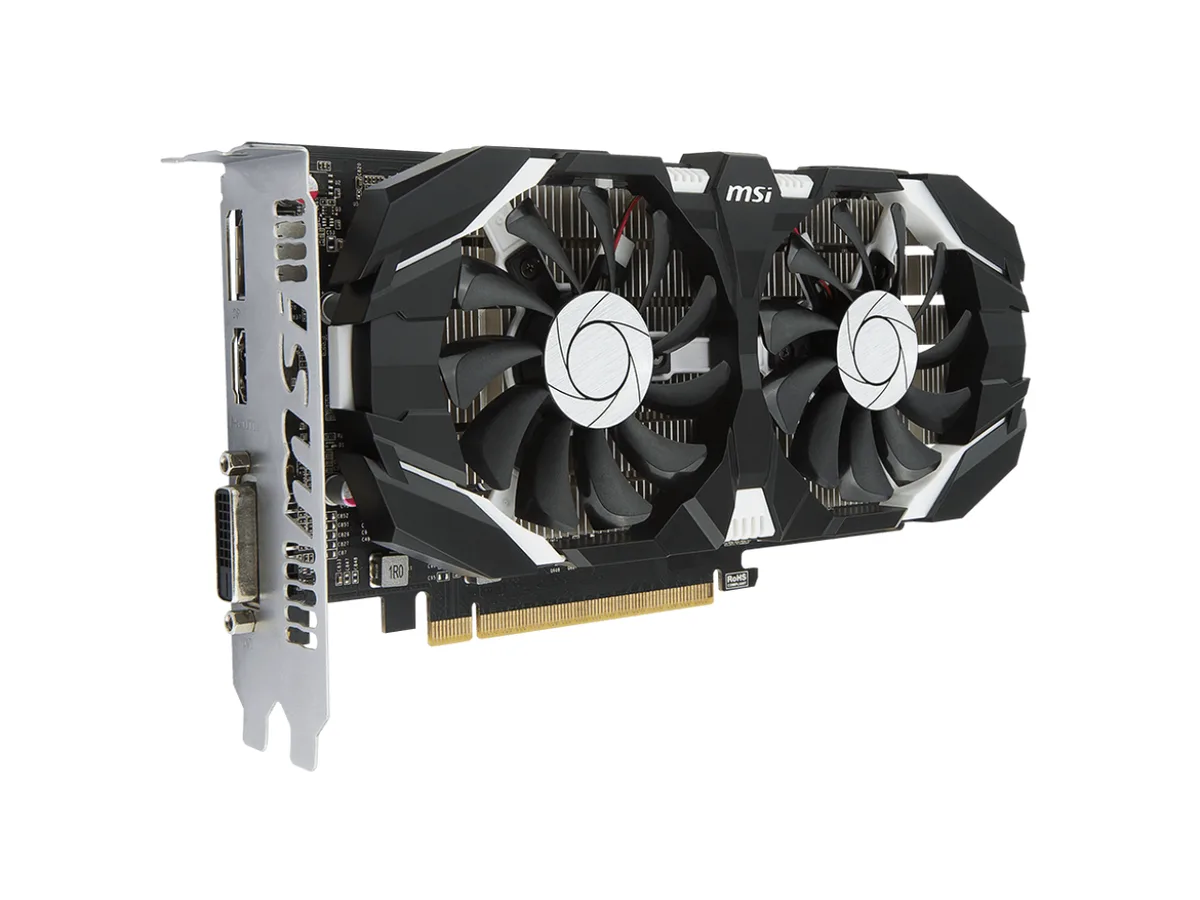 MSI GeForce GTX 1050 Ti dual-fan graphics card with black shroud and backplate