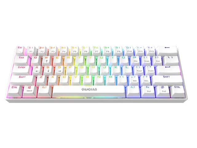 Compact 60% mechanical keyboard in white with brown tactile switches and RGB backlighting