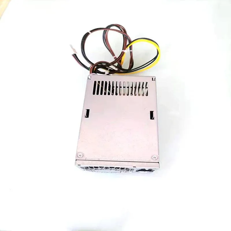 Black rectangular ATX power supply unit with cooling fan grille and cable bundle