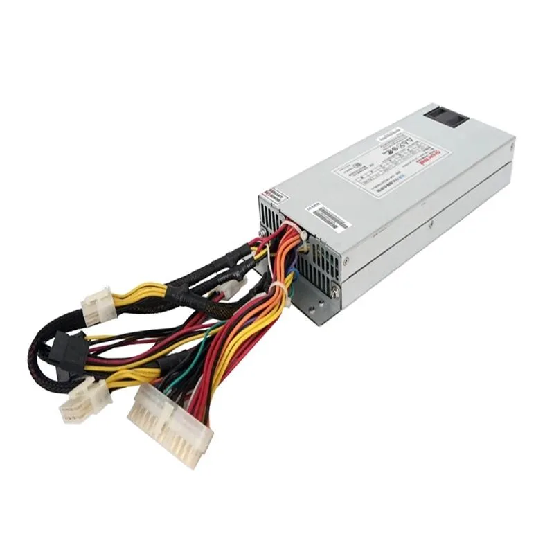 Silver 1U server power supply unit with rear fan grille and power socket