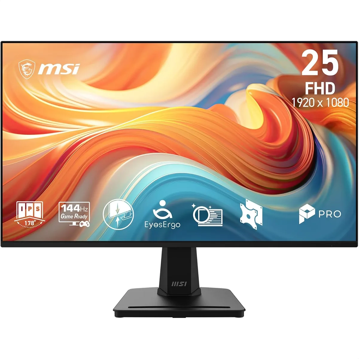 Matte black 24.5 inch flat IPS monitor with frameless edges and compact stand