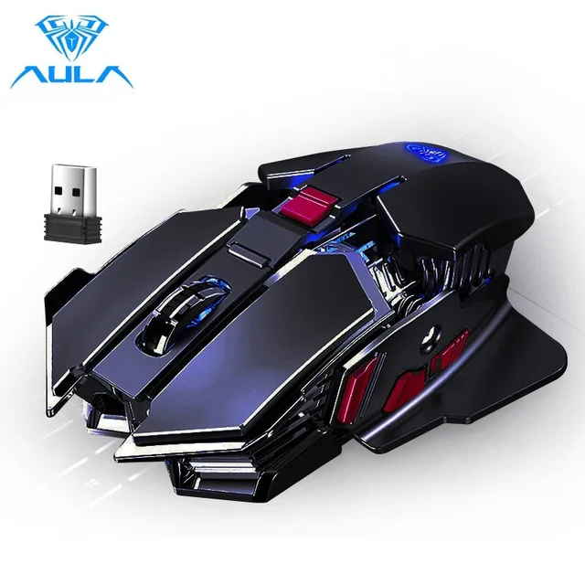 Black right-handed wireless gaming mouse with six buttons scroll wheel and four-color breathing light effect