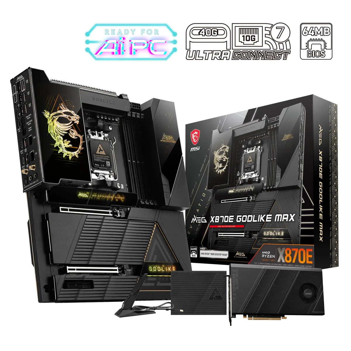 Large rectangular E-ATX motherboard with black metal armour, silver heatsinks