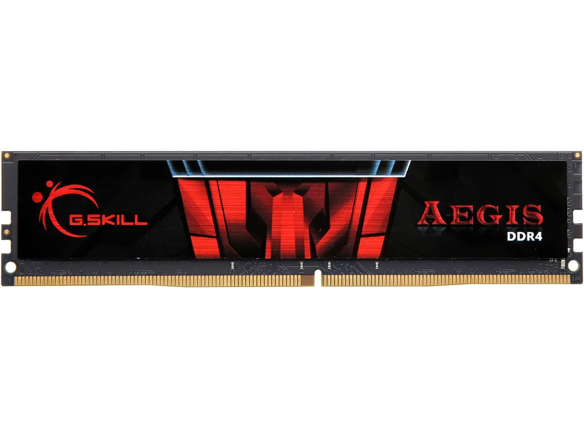 Green circuit board with black heatspreader and red accents, 288-pin DDR4 desktop memory module