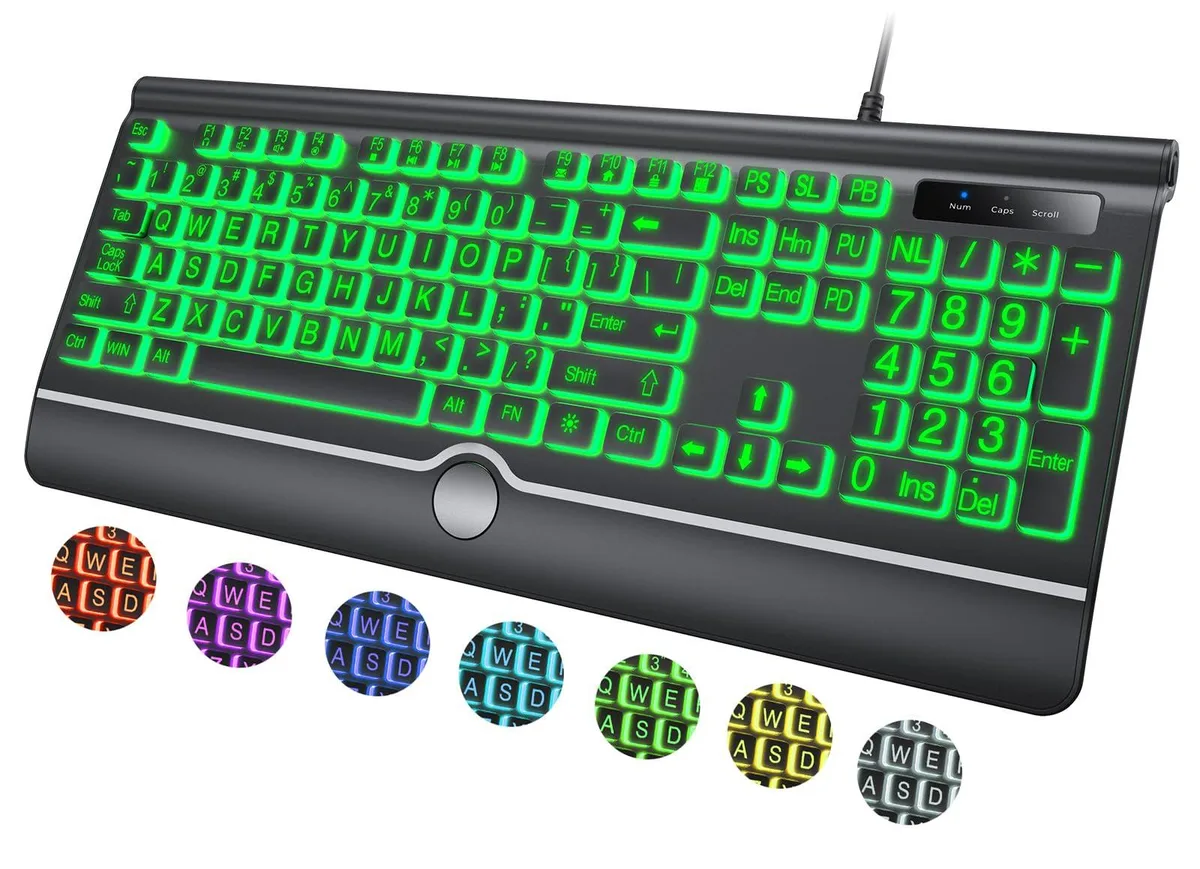 Blue full-size membrane keyboard with oversized legends, RGB backlighting and integrated wrist rest