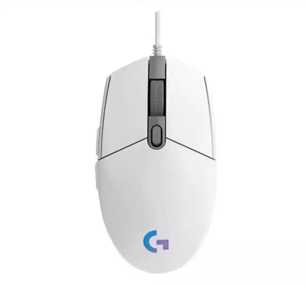 White wired gaming mouse with six buttons and RGB lighting