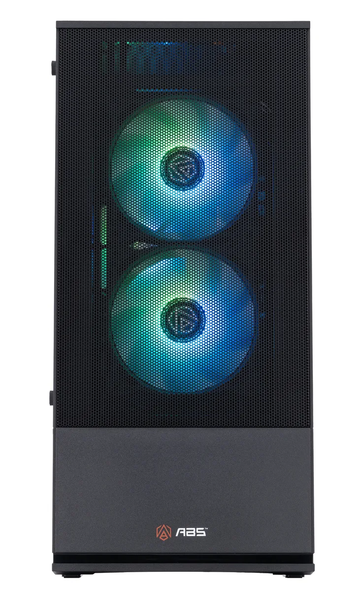 Black micro-tower gaming desktop with tempered glass side panel