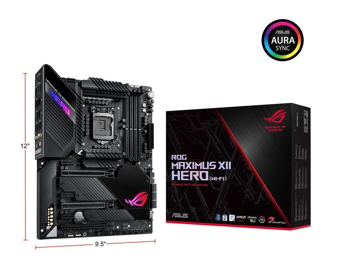 ATX motherboard with dark heatsinks and RGB lighting