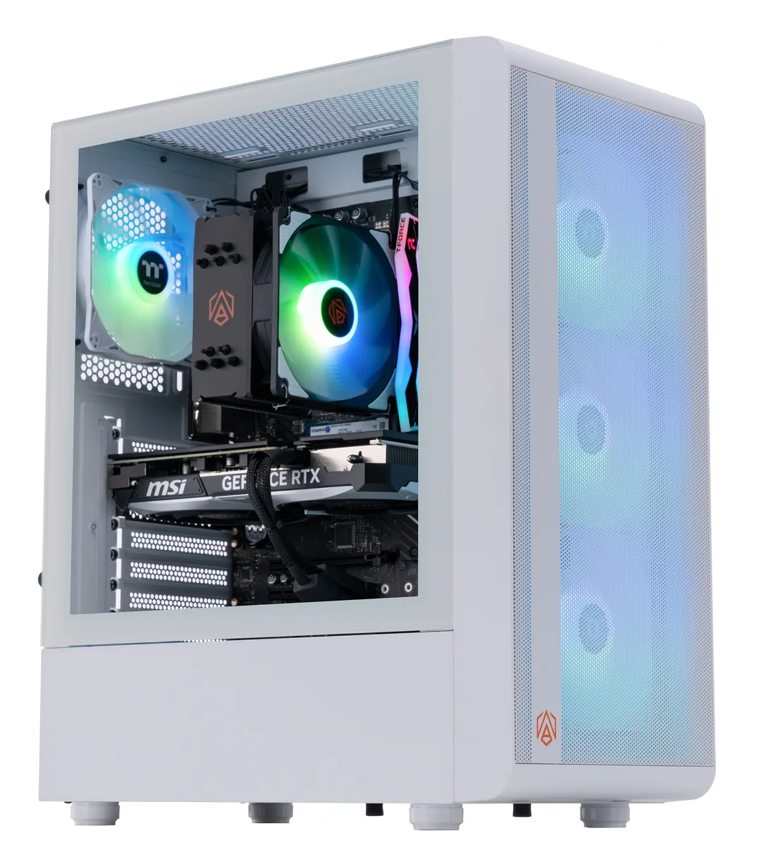 White mid-tower gaming desktop with RGB-lit RAM and dual-fan graphics card visible through glass side panel