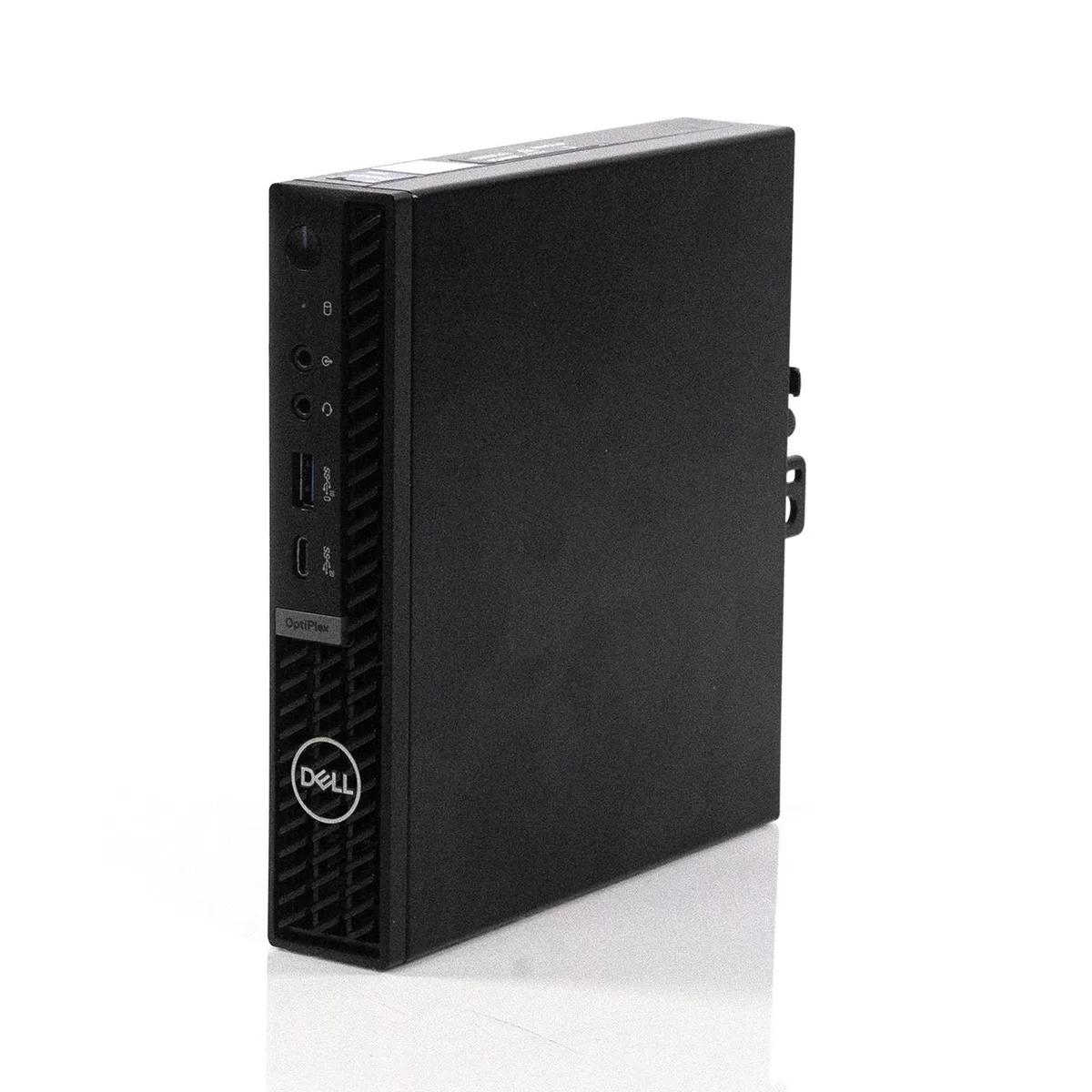 Small black rectangular desktop computer with front ports and ventilation slots