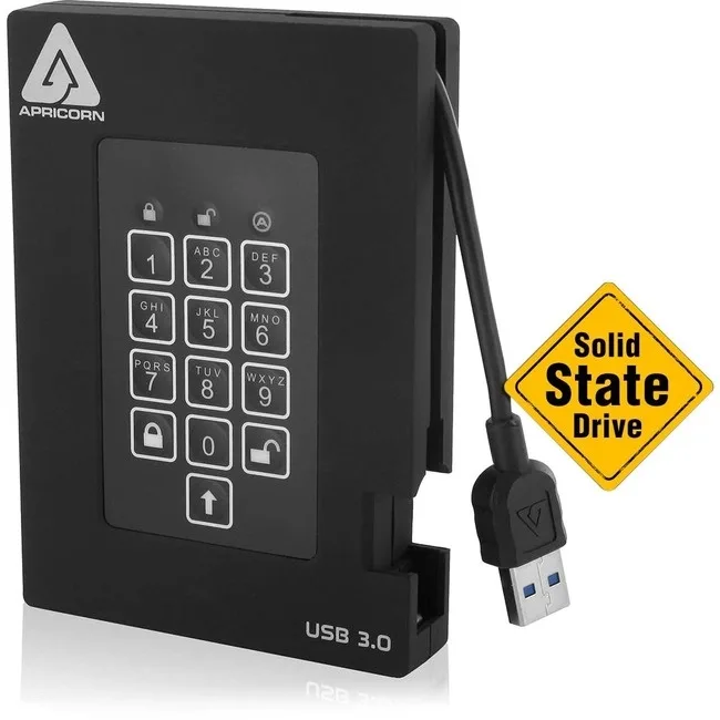 Black rectangular portable SSD with integrated cable and front-facing keypad