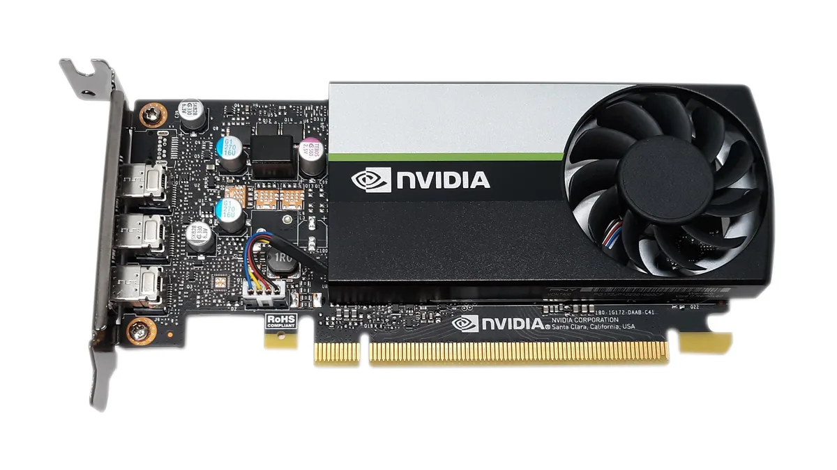 Low-profile single-slot graphics card, matte black PCB with active cooler and three mini DisplayPort outputs