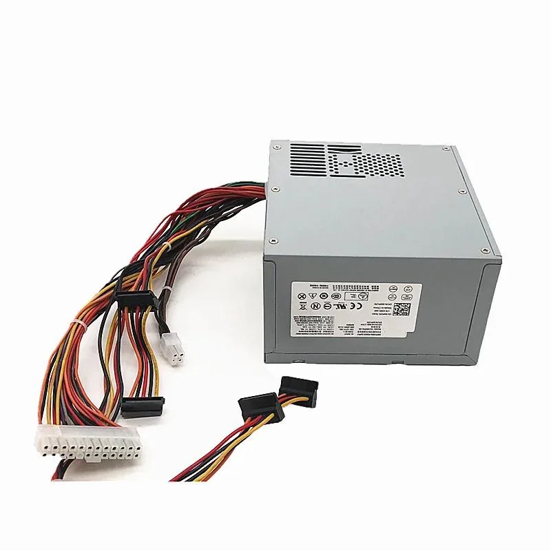 Rectangular black metal ATX power supply unit with cooling fan and cable bundle