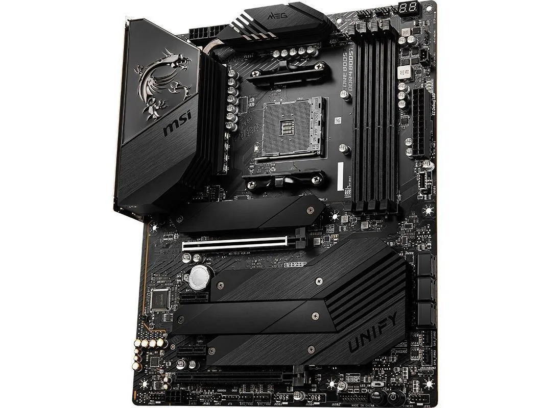 Rectangular ATX motherboard in matte black with silver heatsinks and a full I/O shield