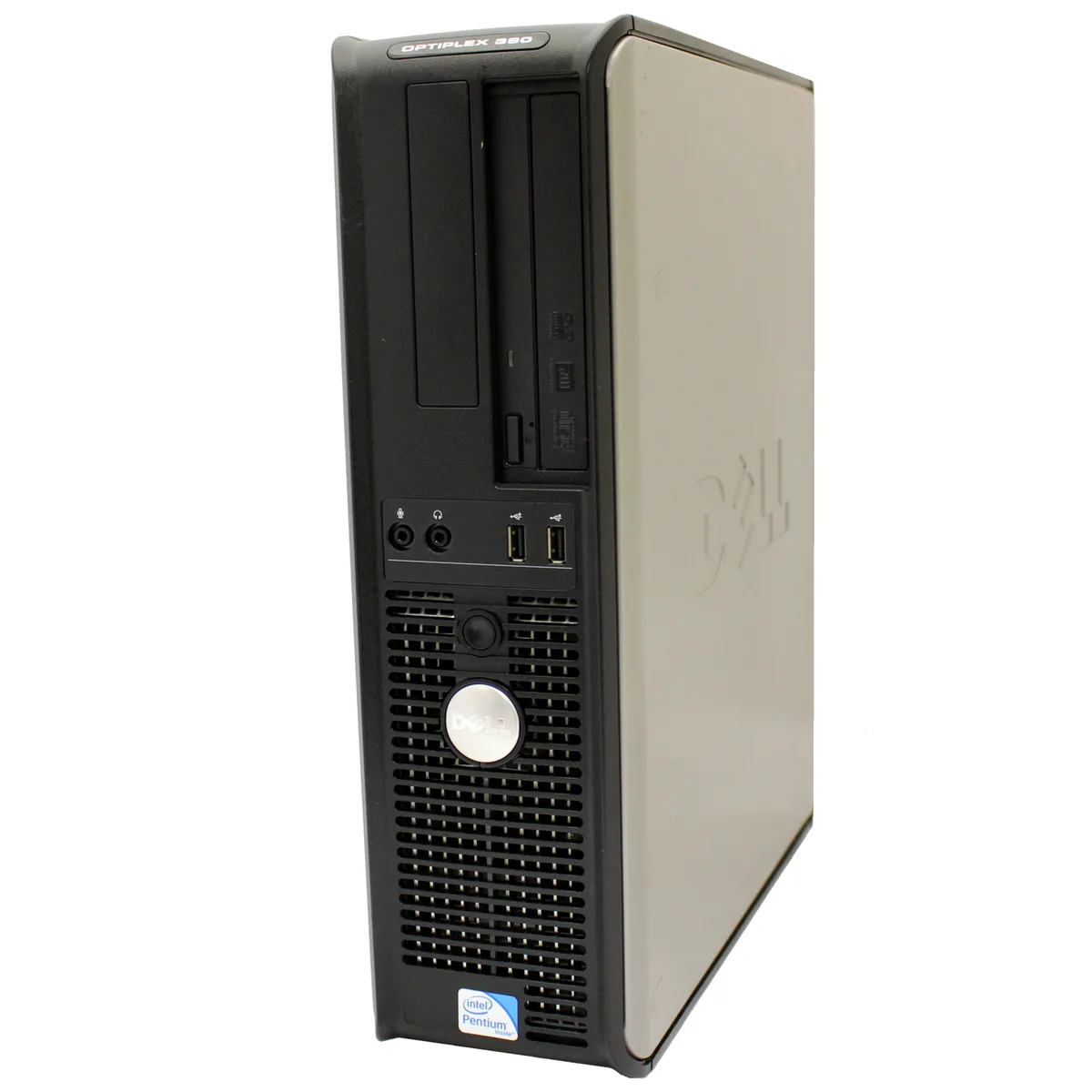 Black and silver Dell OptiPlex 380 desktop tower with DVD-RW drive