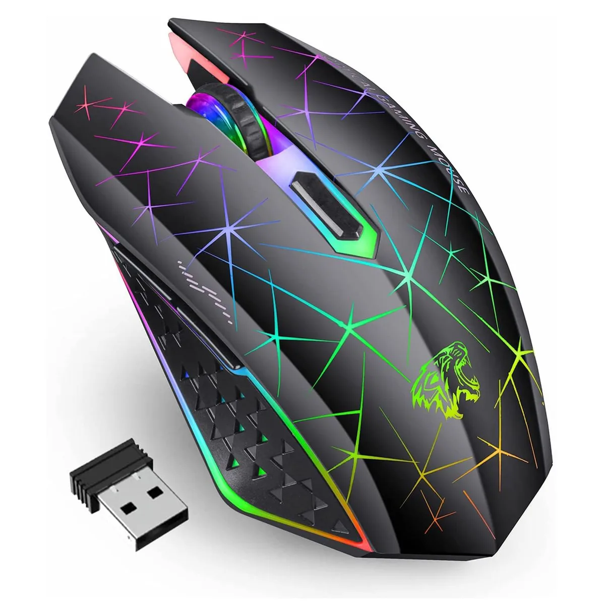 Black wireless gaming mouse with 16 buttons and rainbow LED lighting