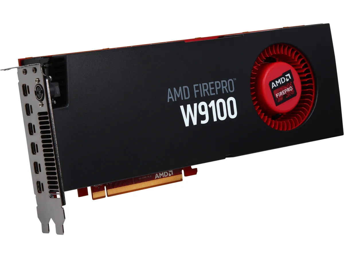 Full-height dual-slot graphics card with matte black shroud and six mini DisplayPort outputs