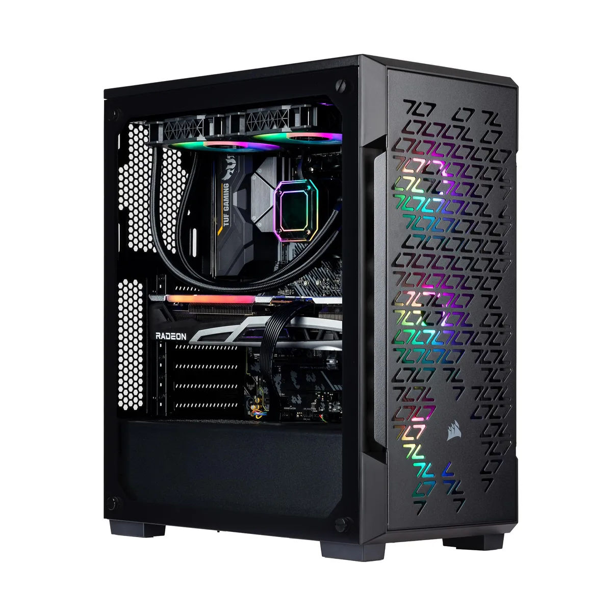 Black mid-tower desktop with RGB liquid cooler visible inside