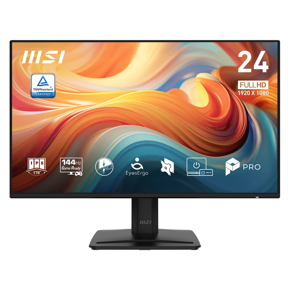 Black 23.8 inch flat IPS monitor with thin bezels on a simple stand