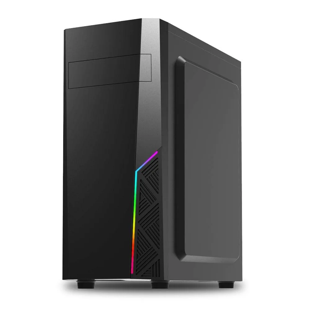 Black steel mid-tower with RGB front strip, top PSU mount, no side window