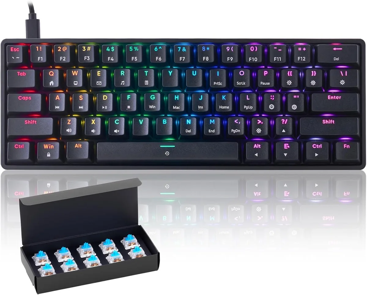 Compact 60 percent mechanical keyboard 61 keys black finish blue switches coiled USB cable