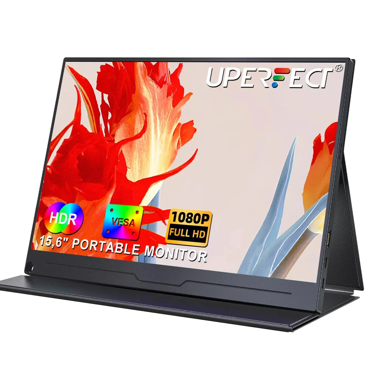 Black 15.6 inch portable monitor with ultrathin bezels and magnetic folio cover